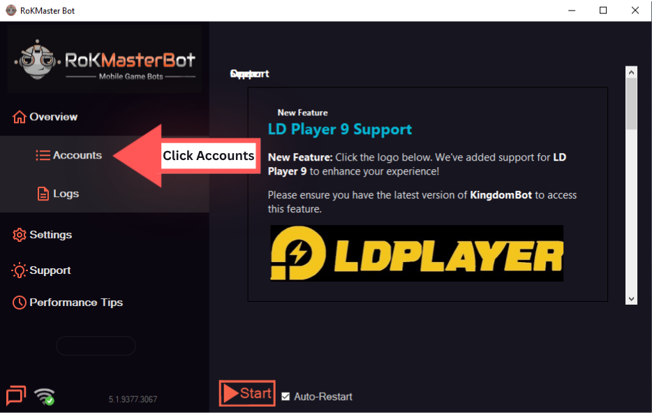 RoKMaster sidebar with the Accounts tab highlighted by an arrow