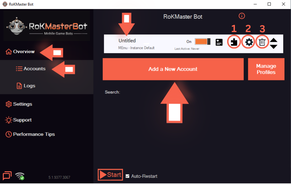 RoKMaster Overview and Accounts sidebar with numbered icons 1, 2, 3 and the Add a New Account button highlighted by an arrow