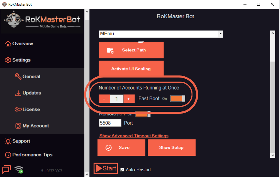 Emulator settings with the Number of Accounts Running at Once field boxed in red