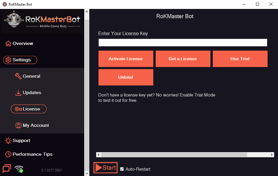 RoKMaster license panel with a key pasted and the Activate License button highlighted by an arrow