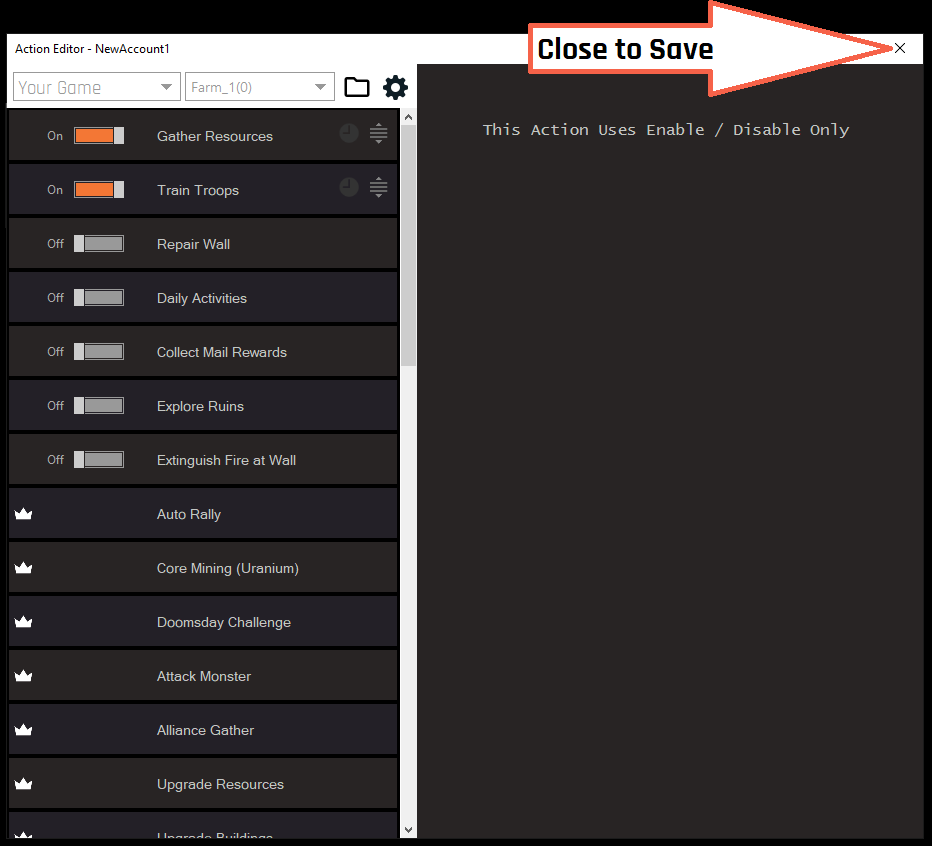 The Action Editor with the close button highlighted by an arrow