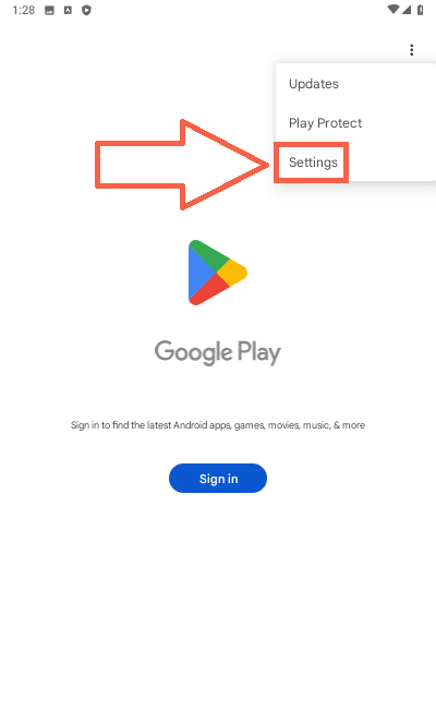 Play Store settings screen with the Settings icon highlighted by an arrow