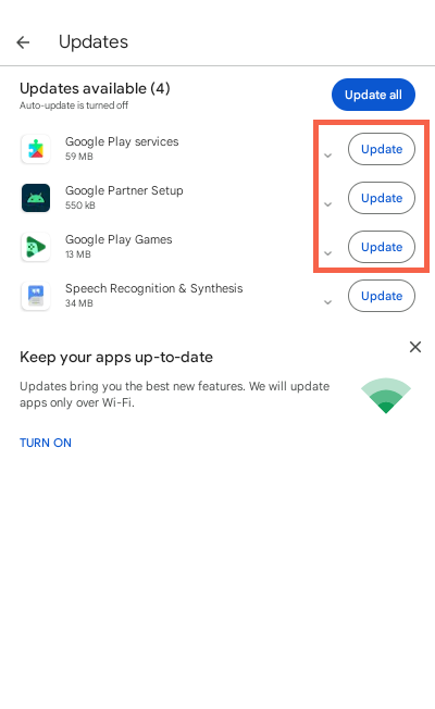 Play Store updates list with the Update buttons boxed
