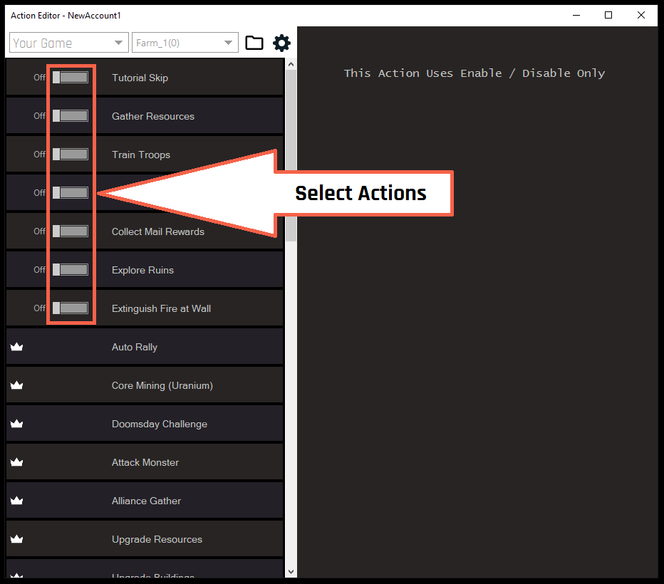 The Action Editor with the actions list and checkboxes highlighted