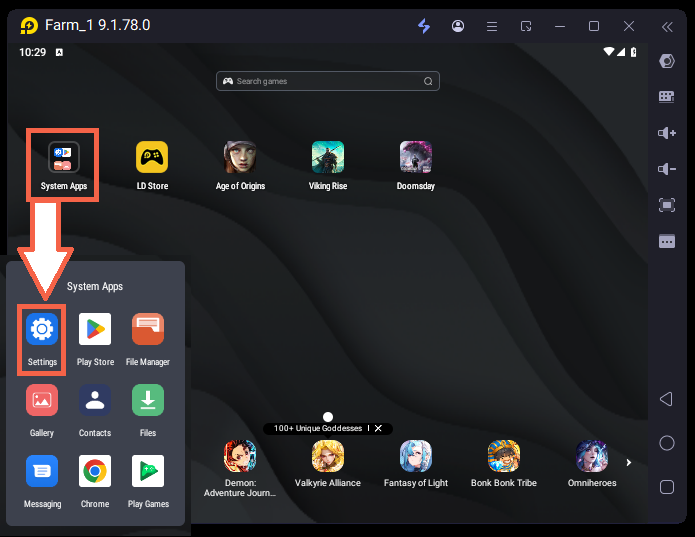 Emulator settings with the Accounts option highlighted by an arrow