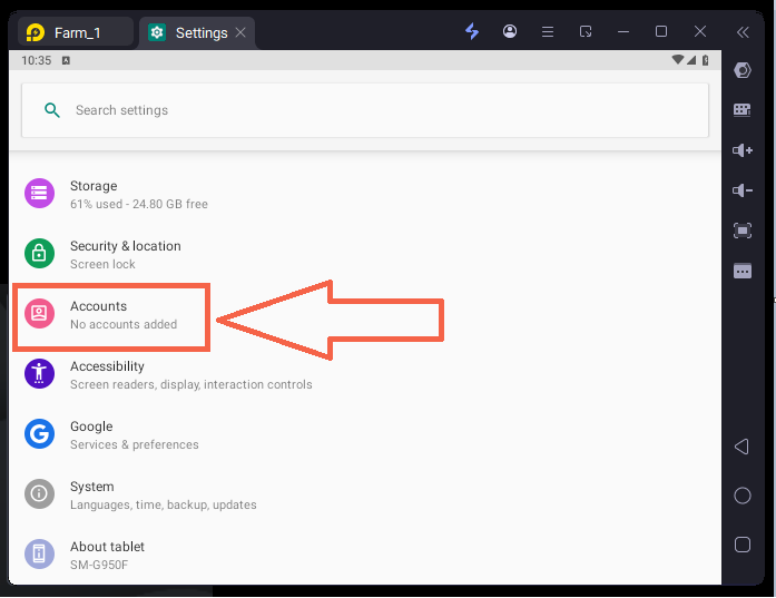 Emulator settings showing the Google account switch highlighted by an arrow