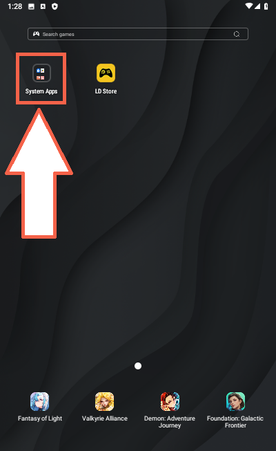 Emulator launcher with the System Apps icon highlighted by an arrow