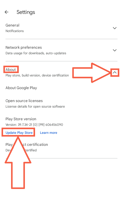 Play Store About section with the update area highlighted by an arrow