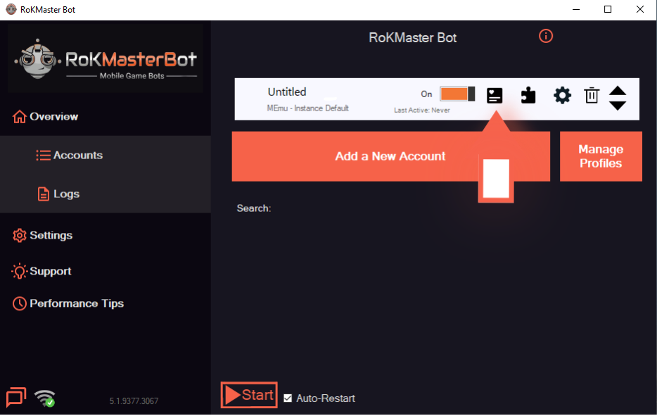 The RoKMaster accounts list showing Farm0, Farm1 and Farm2 with On/Off toggles and icons