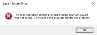 Windows error dialog reading ld.exe - System Error with MSVCR120D.dll not found