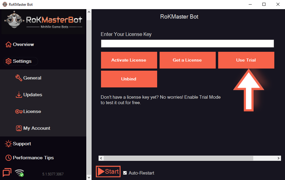 The full RoKMaster license panel with the Use Trial button highlighted by an arrow