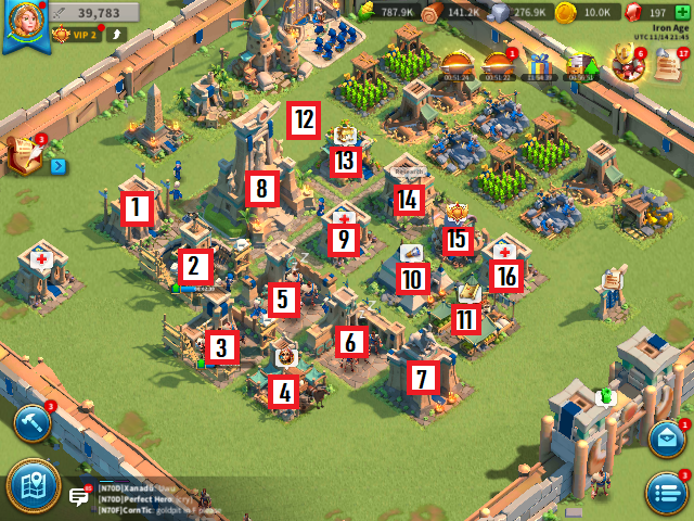 In-game Rise of Kingdoms city map with numbered red boxes 1 to 16 placed over the building positions