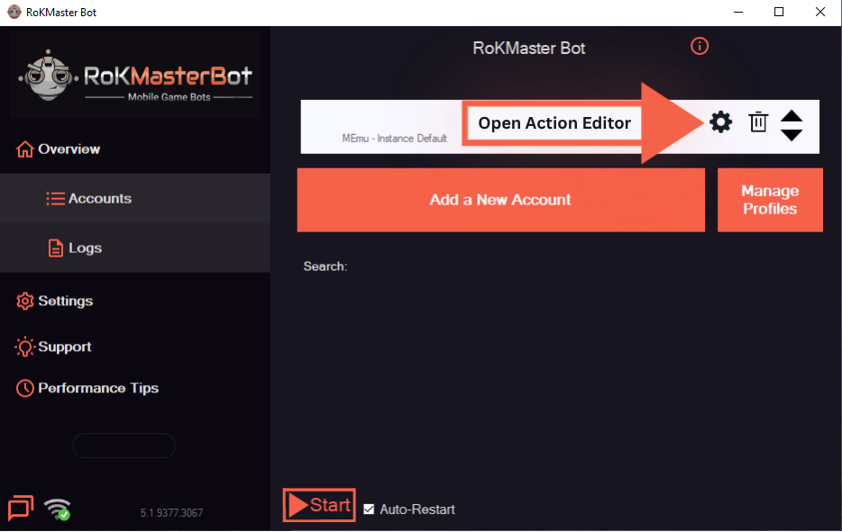 RoKMaster toolbar with the Action Editor button highlighted by an arrow