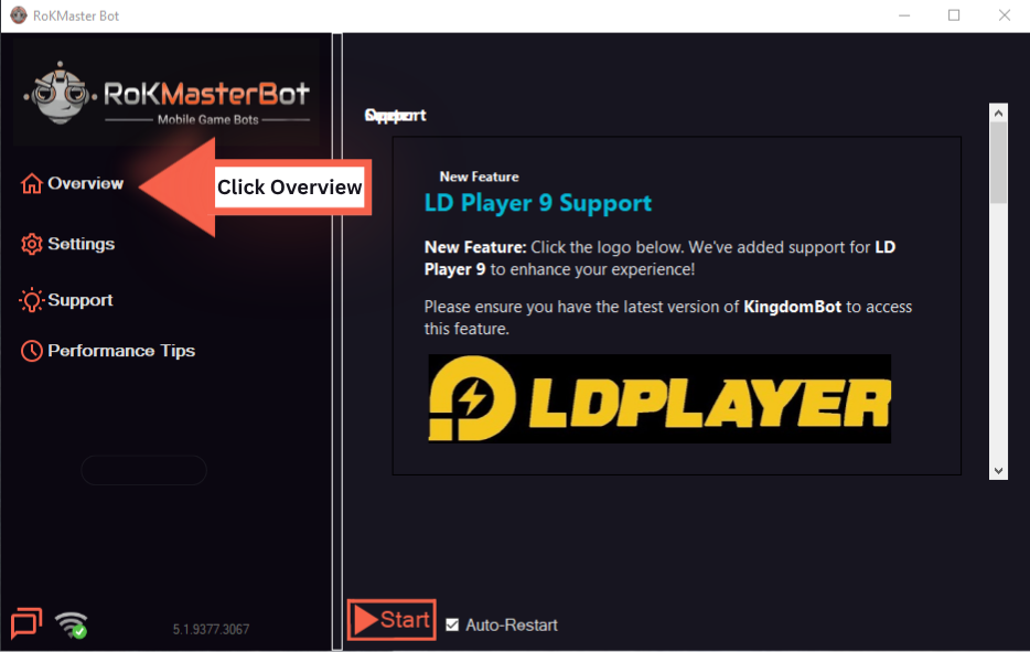 RoKMaster sidebar with the Overview tab highlighted by an arrow