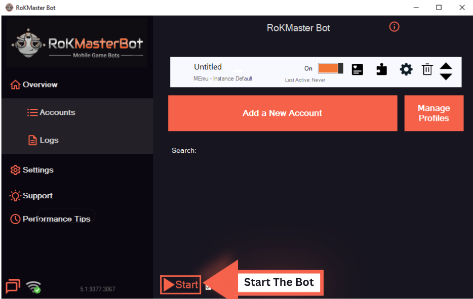 The RoKMaster dashboard with the Start button highlighted by an arrow