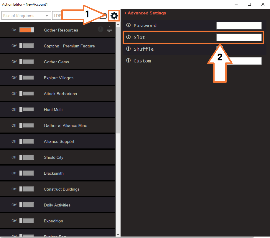The Action Editor with the gear icon marked by arrow 1 and the Slot field boxed in orange by arrow 2