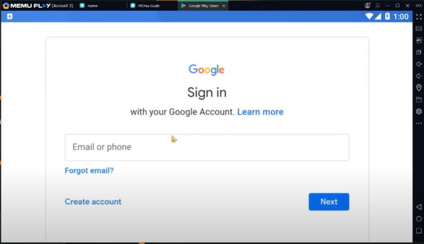 Google sign-in screen inside the emulator