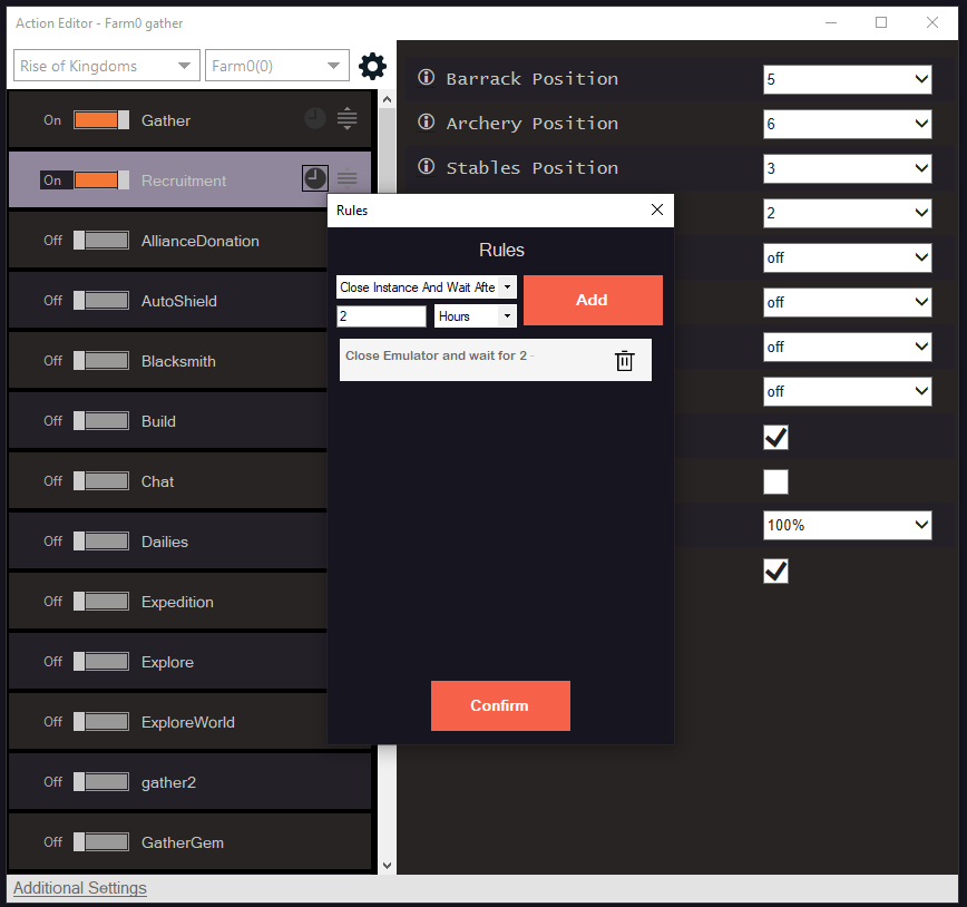 The Action Editor with the Rules popup open, showing the Close Instance And Wait After dropdown and the Confirm button